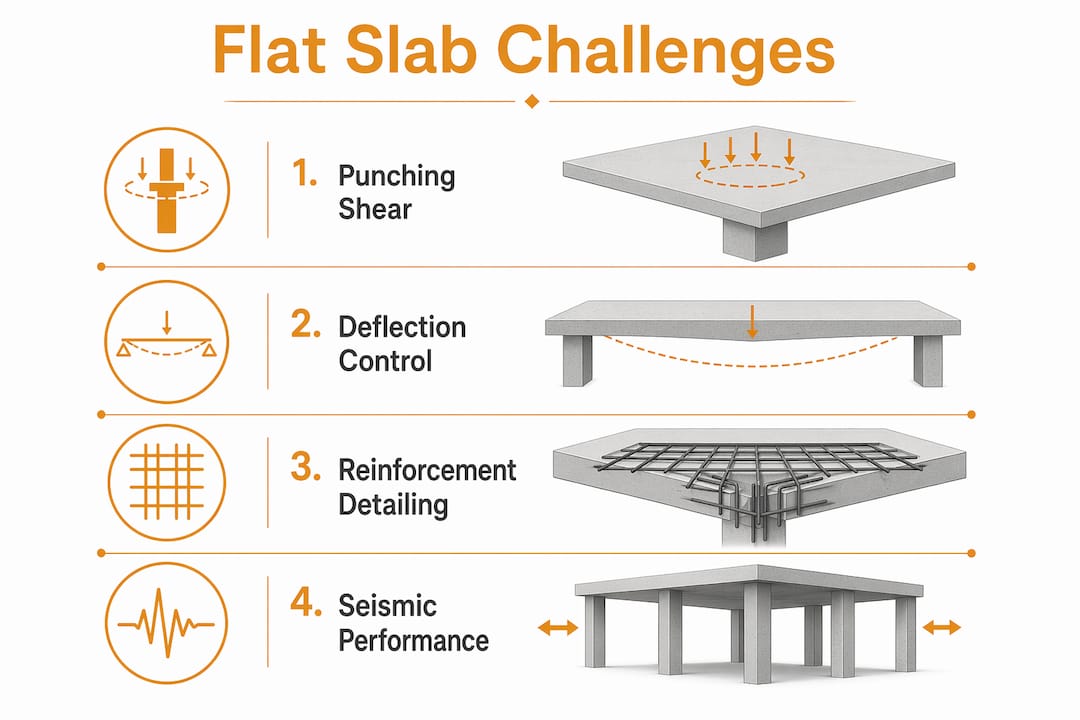 Infographic illustrating key structural challenges of flat slabs