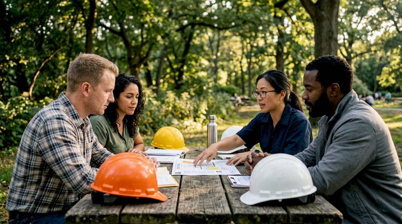 Diverse team discussing workplace safety policies