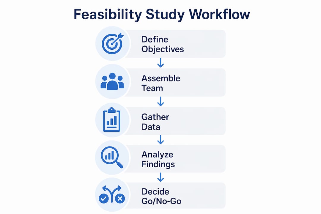 Infographic outlining five-step feasibility study workflow