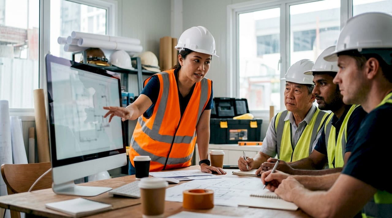 Principal contractor coordinating subcontractors in meeting