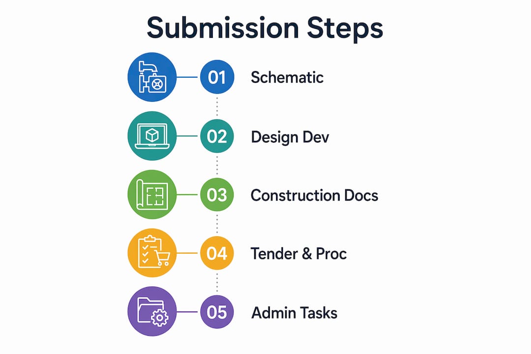 M&E Engineering Submission Steps for Singapore Projects Infographic illustrating five ME submission phases