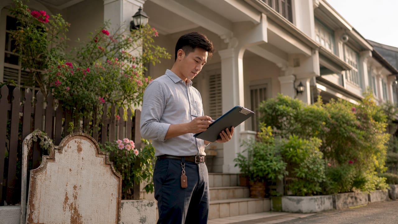 Investor checking suburban rental property clipboard