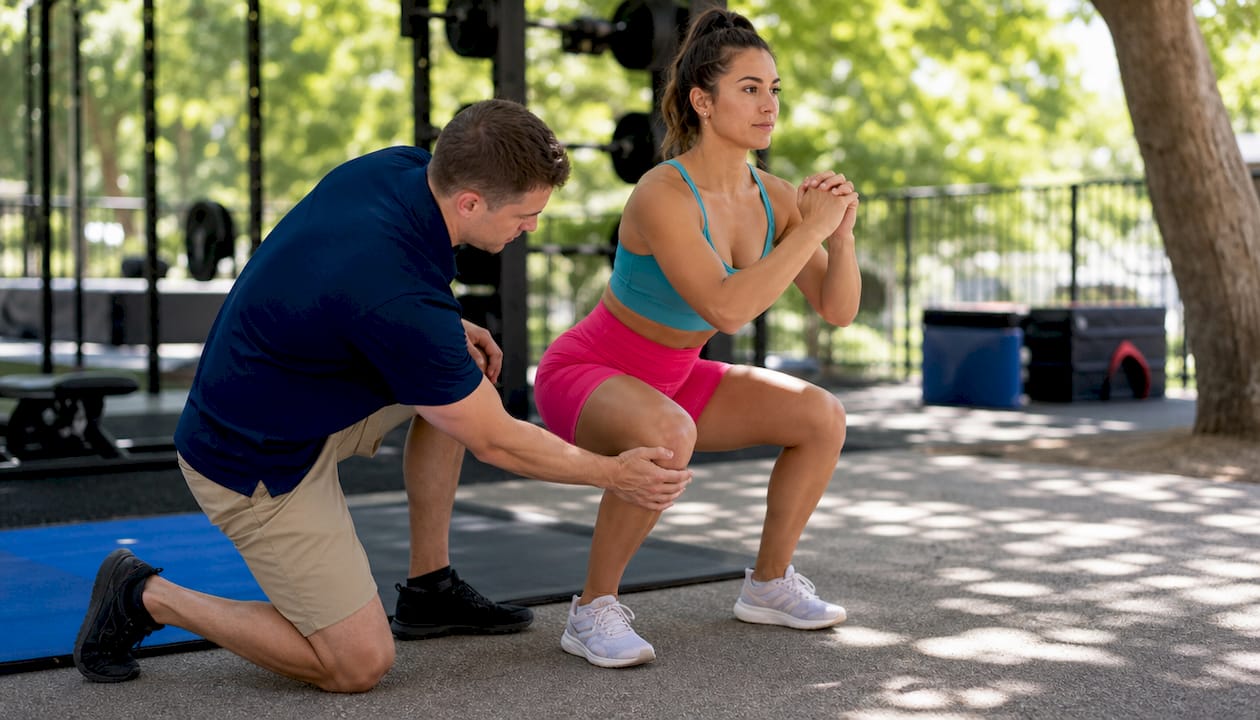 Sports chiropractor assessing athlete's knee alignment
