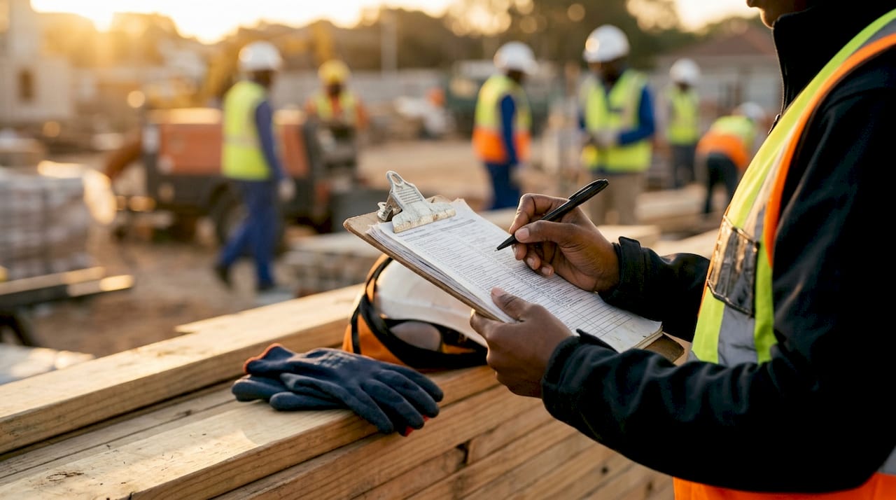 Safety officer reviewing hazard checklist on site