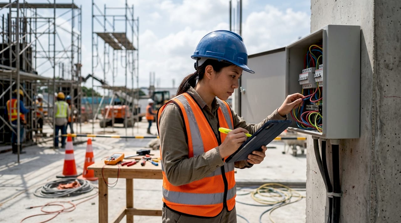 Safety officer inspecting site electrical hazards