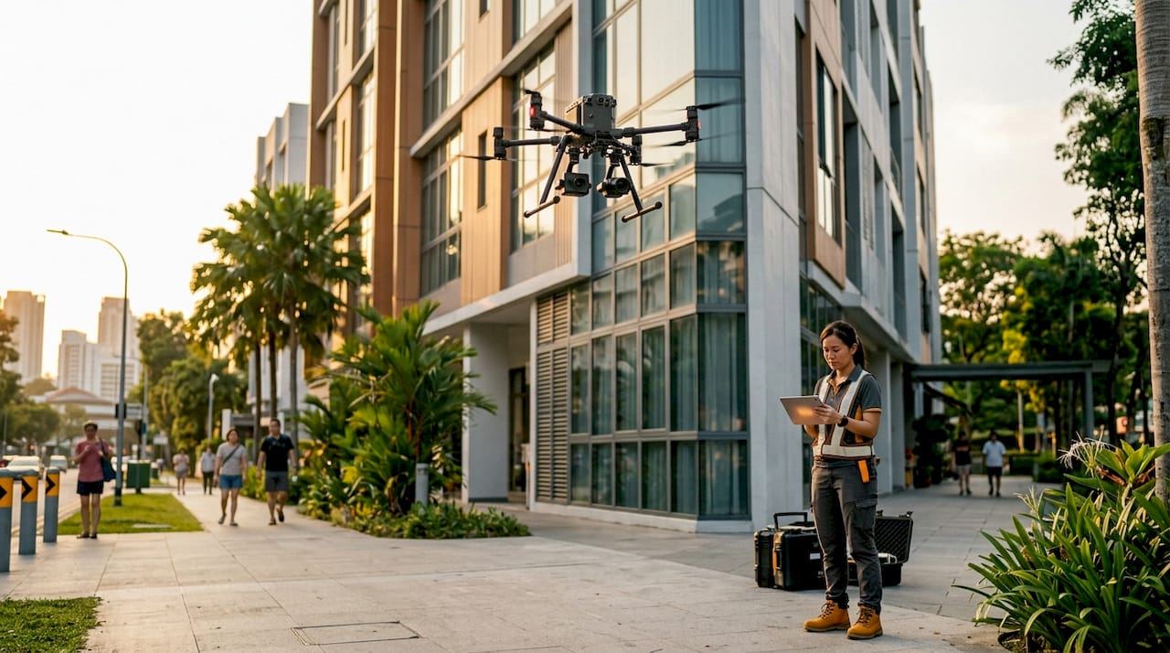 Drone inspecting building facade with inspector nearby
