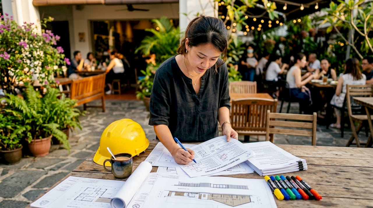 Architect reviewing Fire Safety Certificate documents