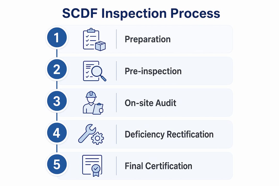 Infographic illustrating SCDF inspection stages as vertical process flow