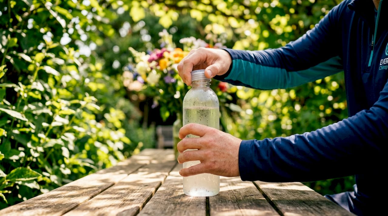 Hands holding water bottle in kitchen