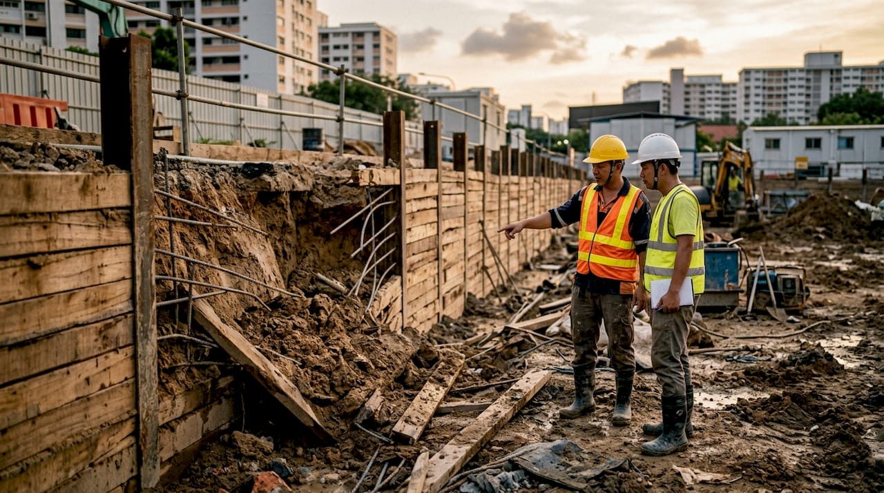 Common Earthworks Failure Causes in Singapore: 2026 Guide Workers inspecting collapsed earth retaining structure