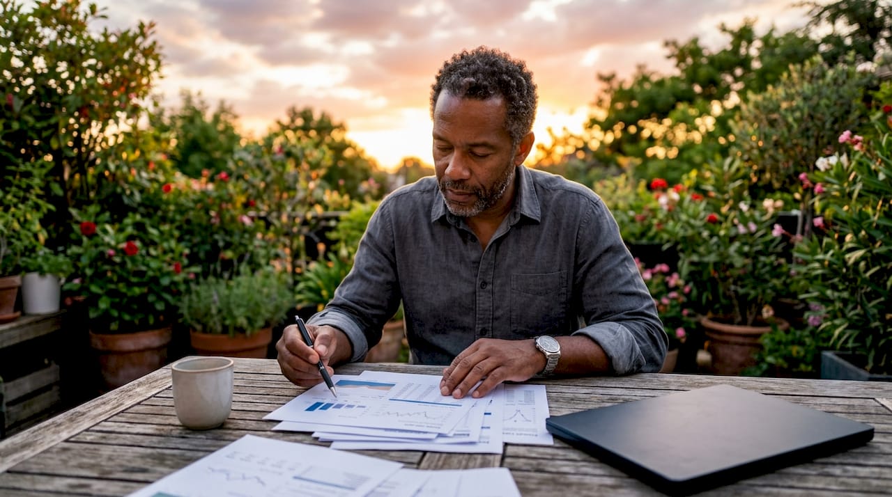 Investor analyzing luxury home price charts at condo