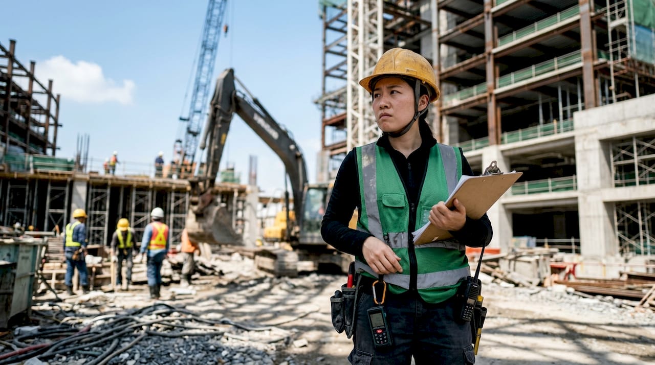 Safety officer inspecting hazards at construction site