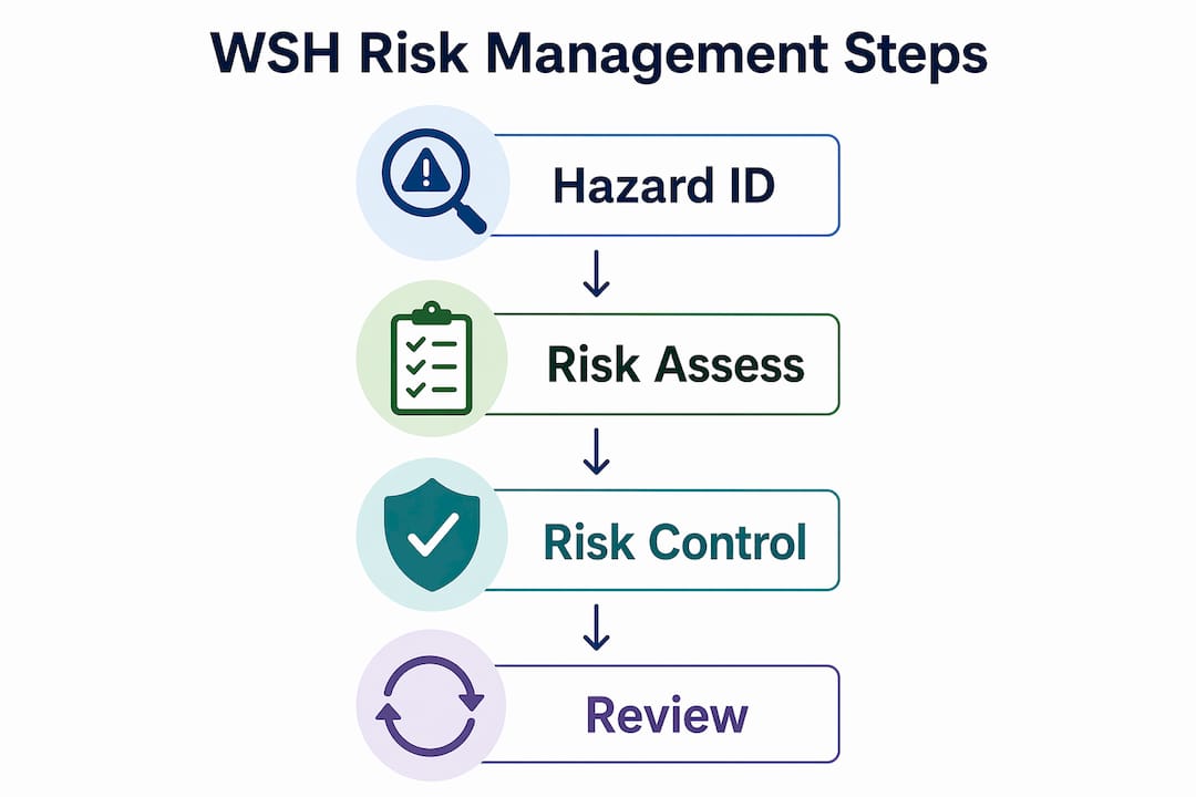 Vertical flow infographic showing four WSH risk management steps
