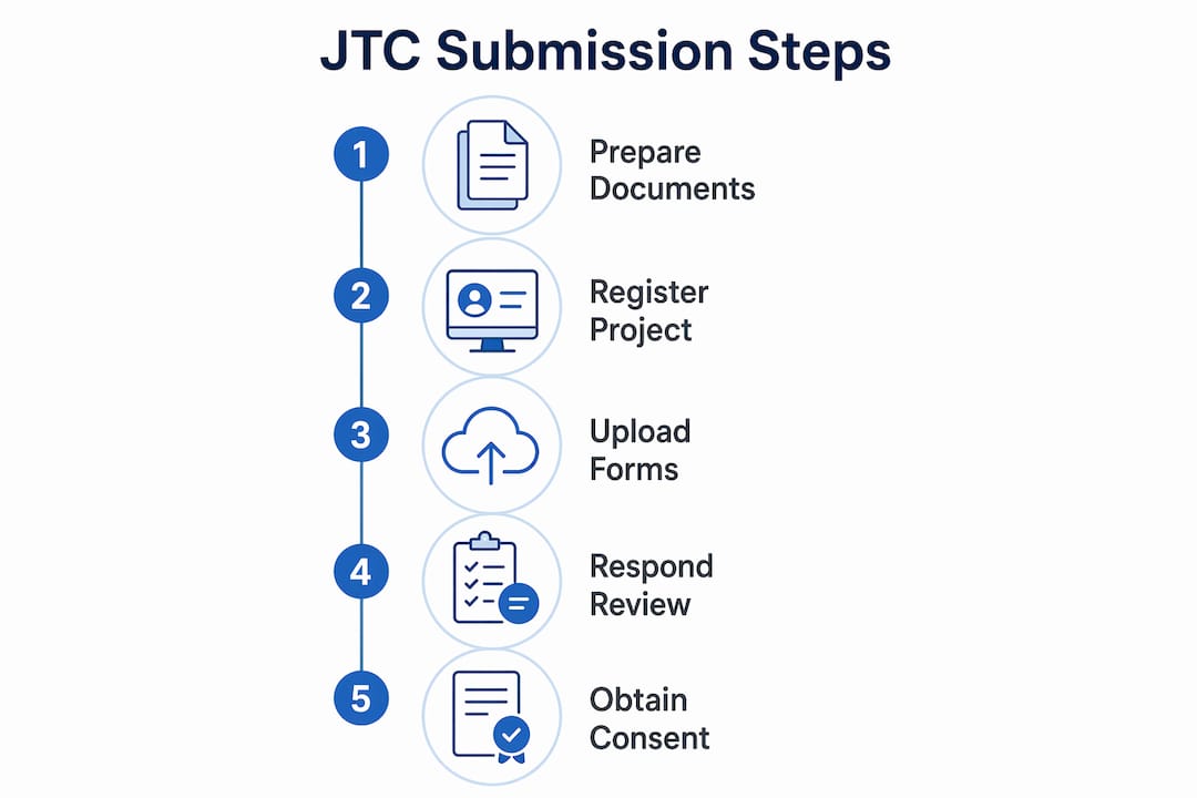 Infographic showing vertical flow of JTC submission steps