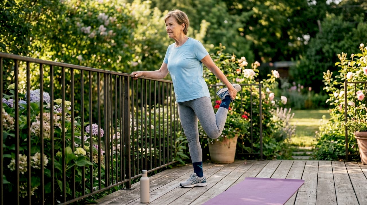 Senior woman doing chiropractic mobility exercises at home