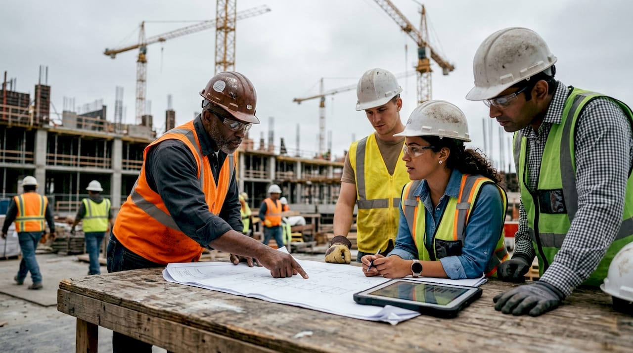 Infrastructure Project Lifecycle: A Professional's Guide Team discussing construction plans outdoors