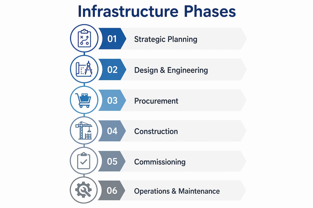 Infrastructure Project Lifecycle: A Professional's Guide Infographic illustrating key infrastructure lifecycle phases