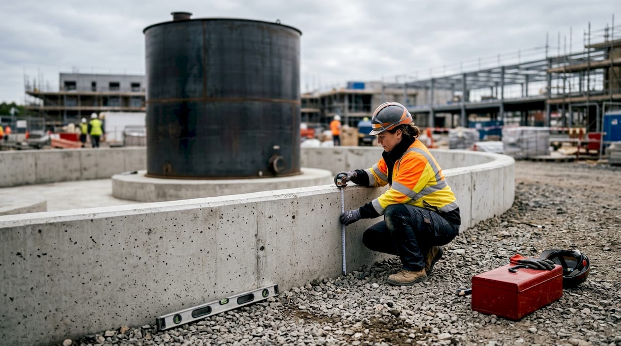 Hands measuring secondary containment bund height