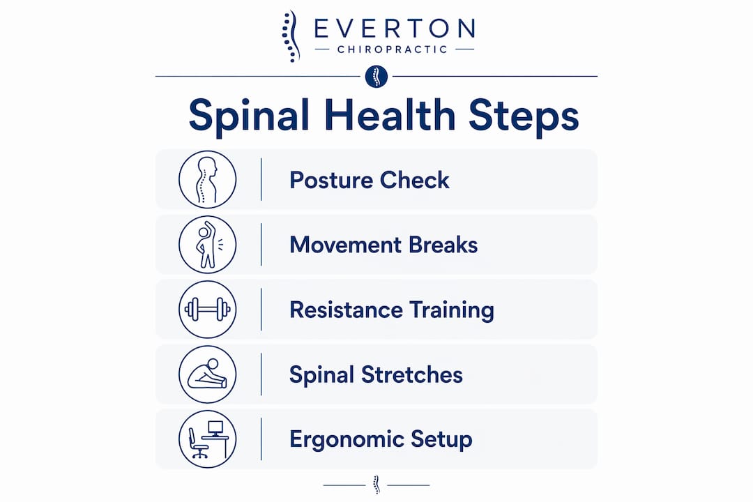 Infographic showing five key steps for spinal health at work