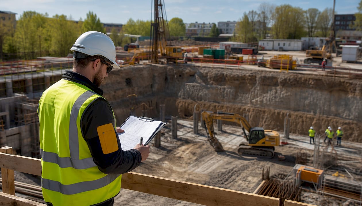 Site manager inspecting foundation excavation