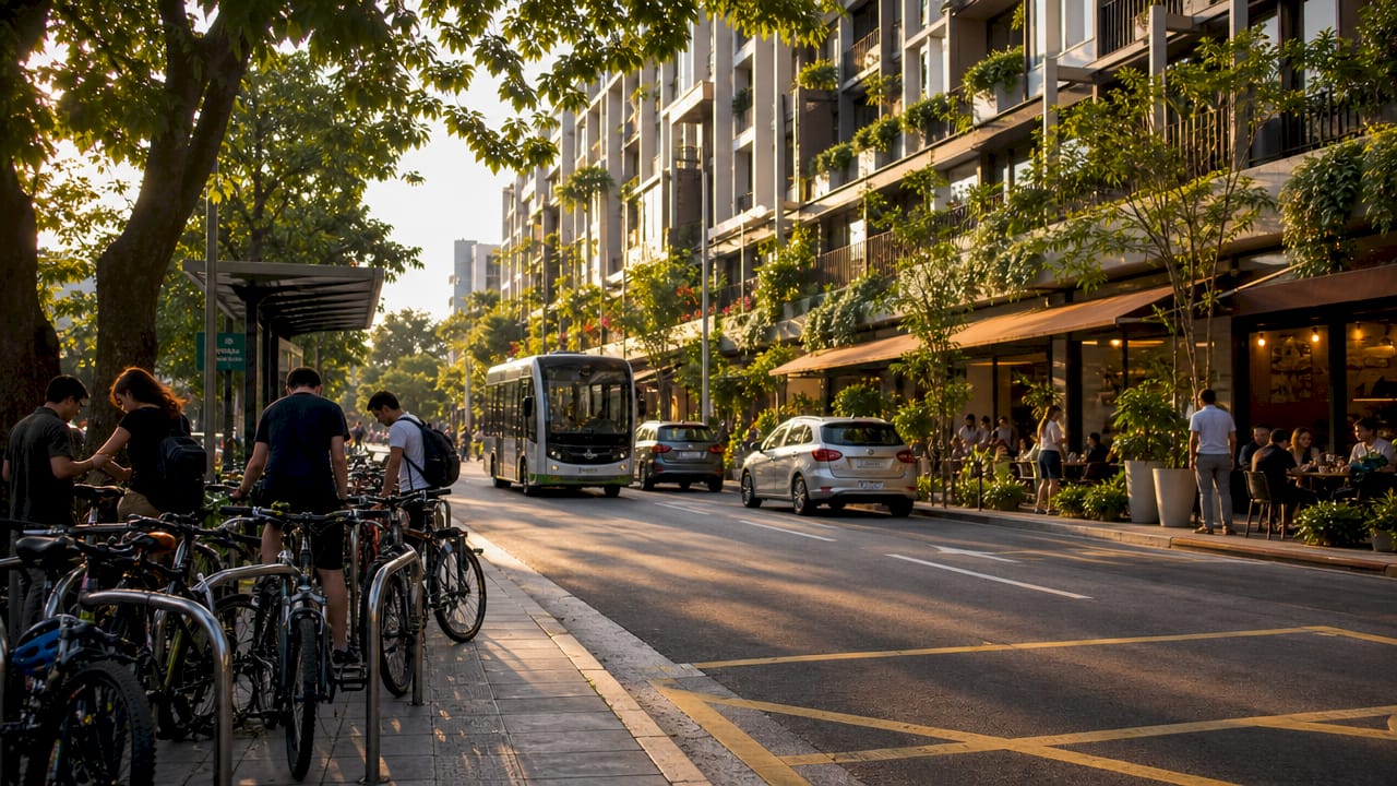 Street view of mixed-use neighborhood with pedestrians and transit