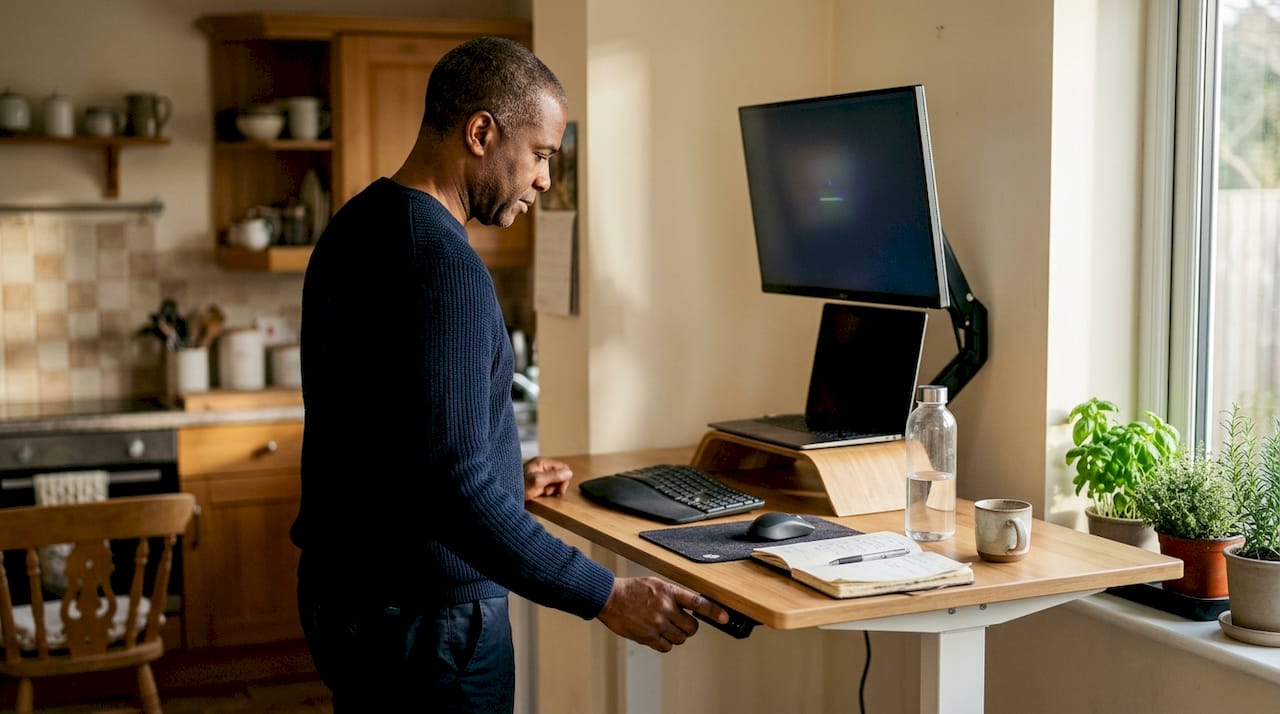 Man adjusting height of ergonomic sit-stand desk