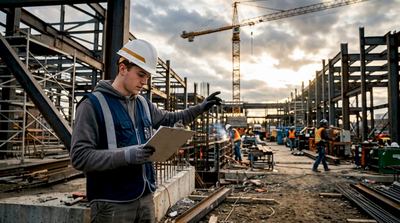 Civil engineer inspecting construction site with plans