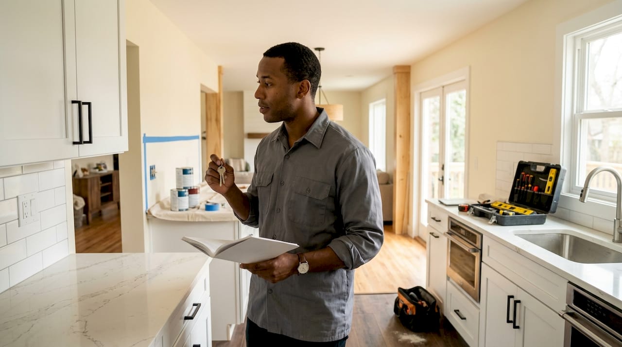 Investor inspecting renovation progress in property kitchen