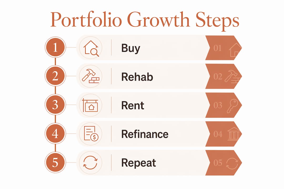 Infographic showing real estate portfolio growth steps