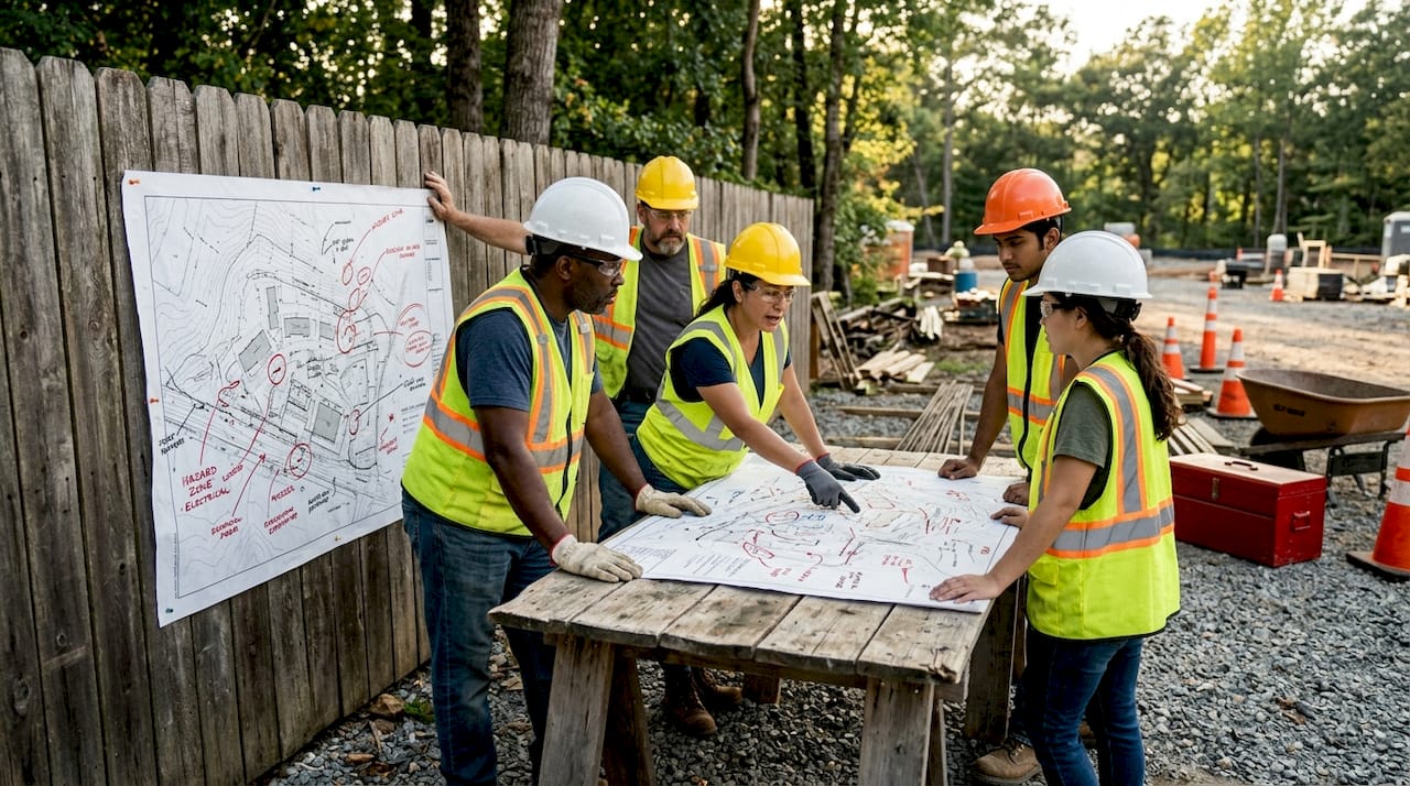 Hands pointing at hazard map on construction site