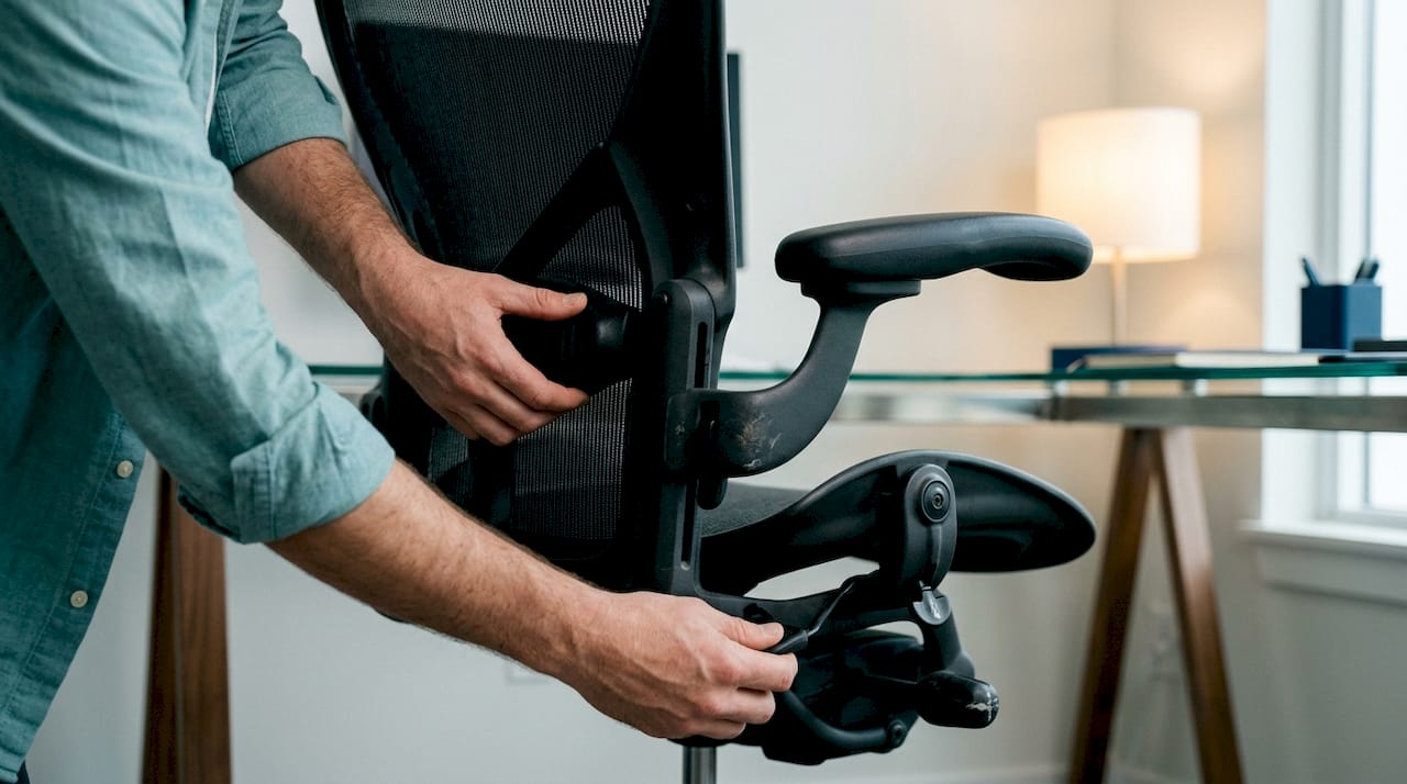 Hands adjusting lumbar support on office chair