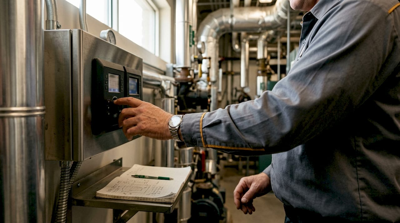 Technician adjusting commercial HVAC controls