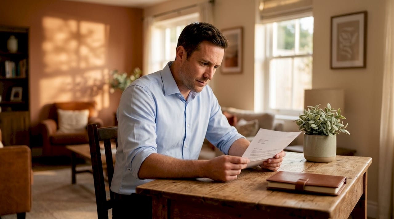 Hands holding mortgage pre-approval letter over desk