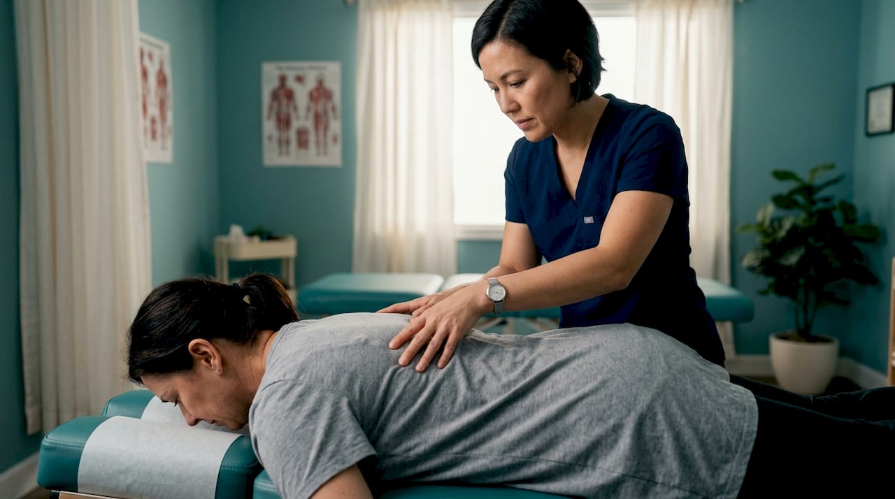 Chiropractor hands assessing patient spine