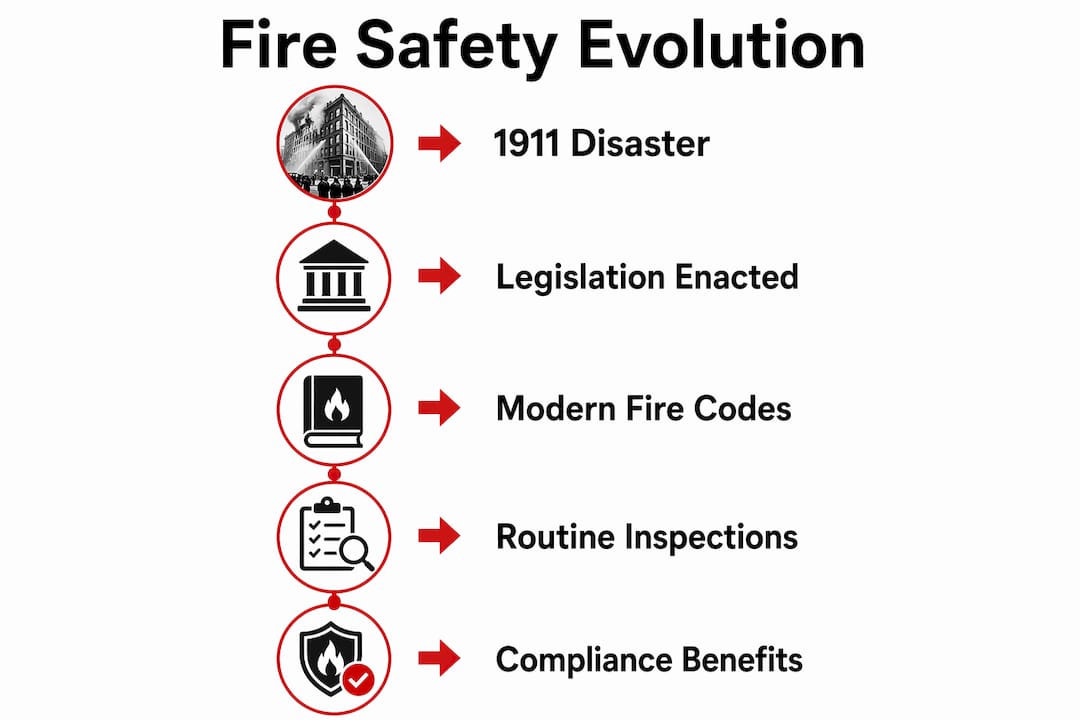 Why Fire Safety Regulations Matter in Construction Infographic showing history and evolution of fire safety regulations