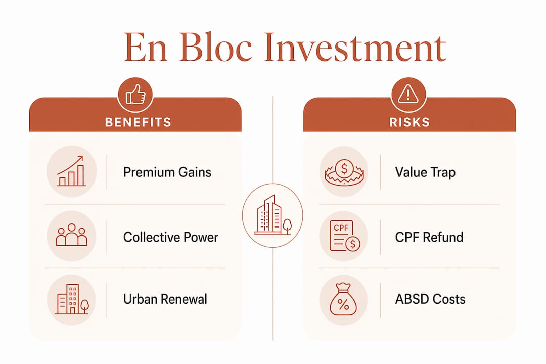 Infographic comparing en bloc investment benefits and risks