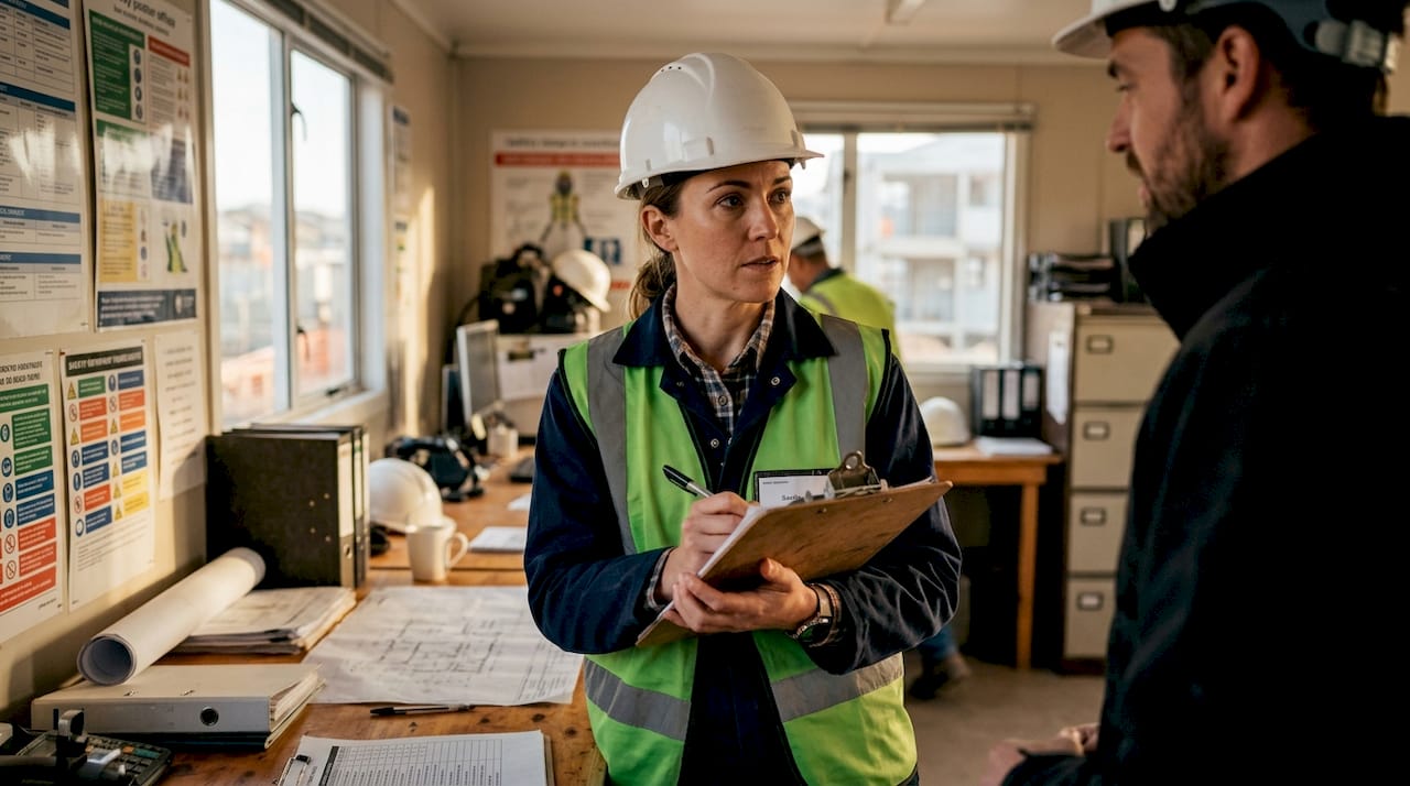 Safety officer reviewing checklists at construction site