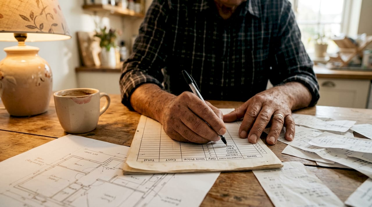 Hands annotating cost estimation spreadsheet