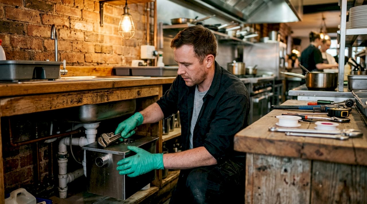 Pub Drainage Requirements in Singapore: 2026 Guide Hands installing pub kitchen grease trap