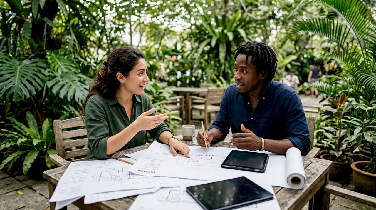 Architects collaborating on compliance plans