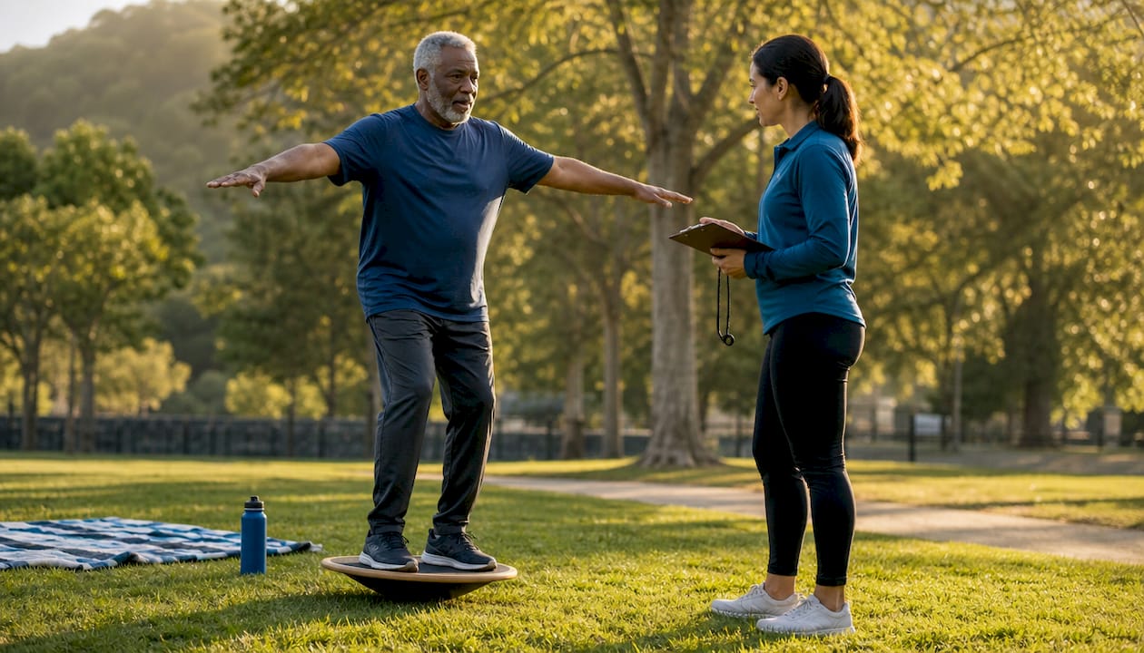Senior man performing balance exercise with chiropractor