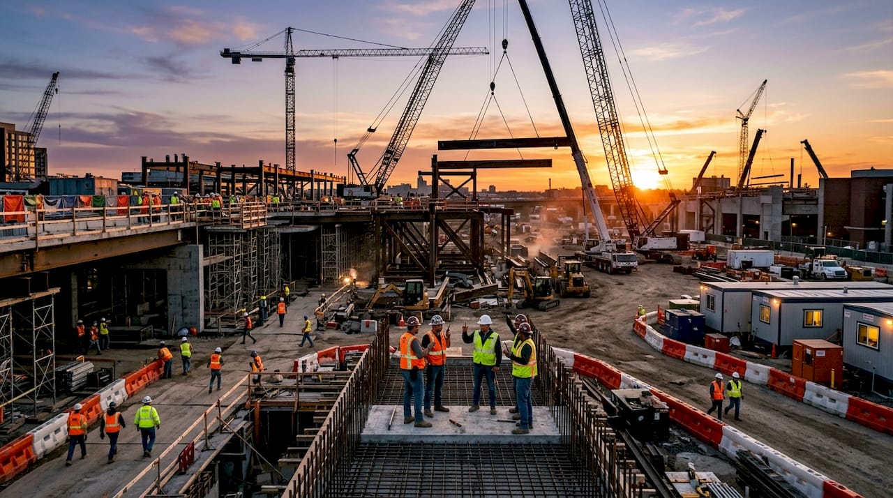 Infrastructure Development Guide 2026: Plans That Deliver Active urban infrastructure construction site