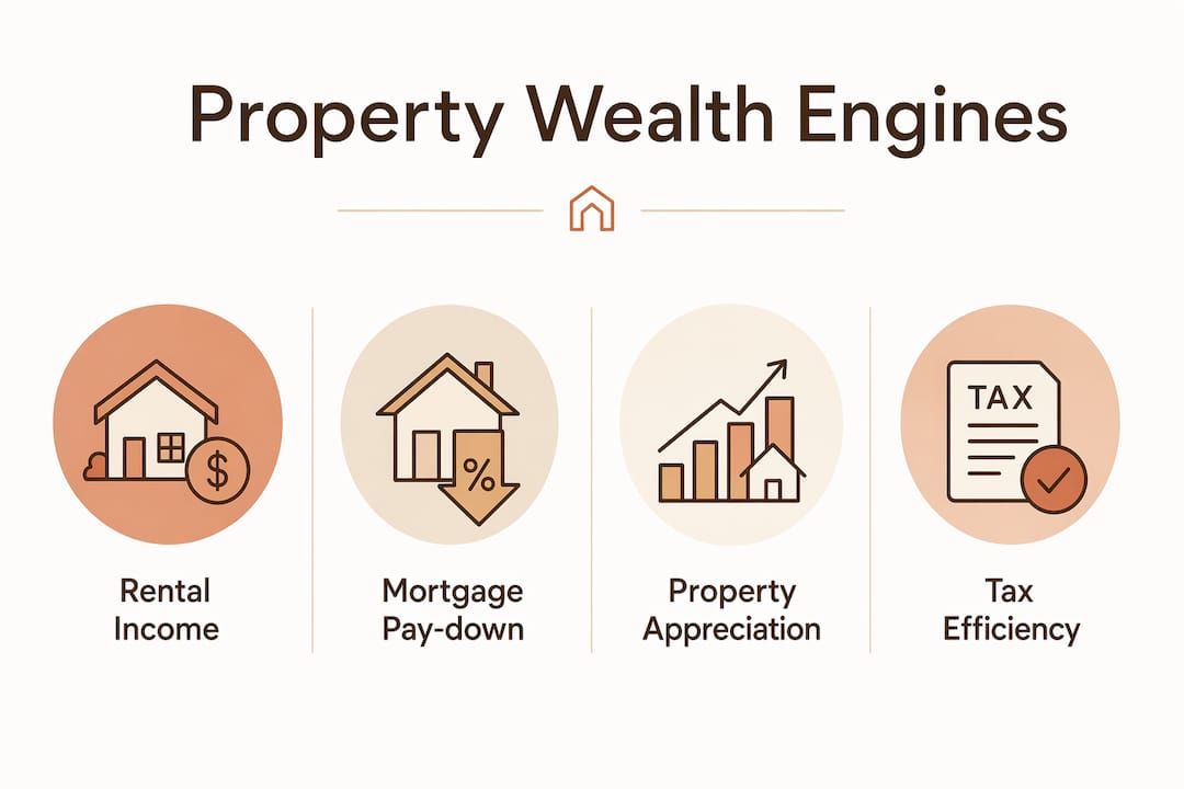 Infographic illustrating four property wealth mechanisms
