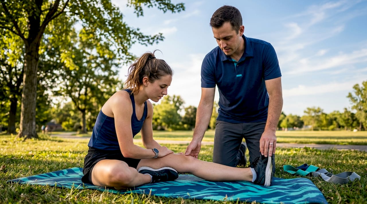 Female athlete stretching with chiropractor assistance