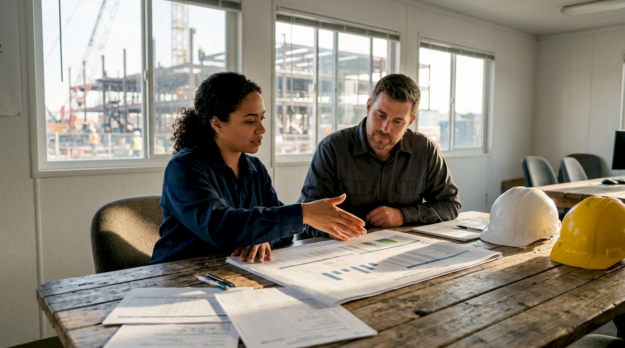 Two safety officers reviewing safety performance report