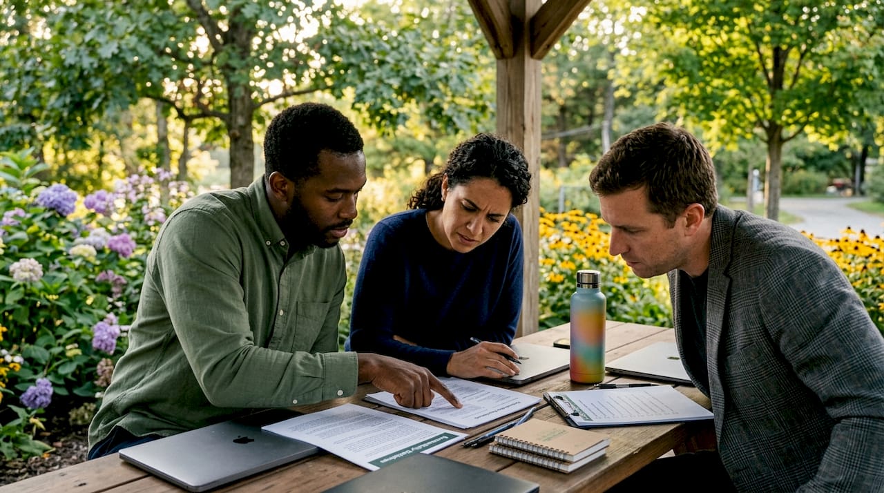 Team discussing building green compliance