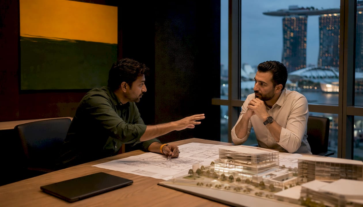 Two engineers discussing design schematics together