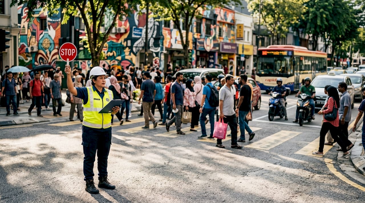 LTA Regulations for Singapore Construction: 2026 Guide Traffic controller managing urban roadwork site