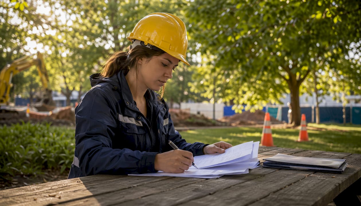 Supervisor reviewing construction SOP documents