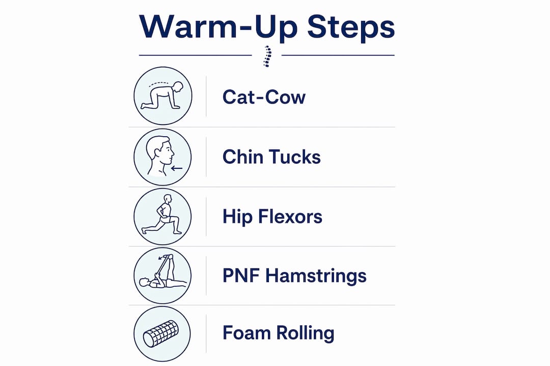 Infographic of key warm-up exercises before chiropractic adjustment